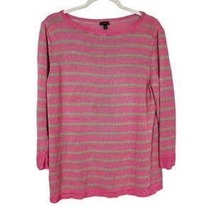 Talbots Womens Linen Sweater Pink Green Stripe sz XL Boat Neck 3/4 Sleeve- Flaw